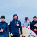 Ziggy Neely, Christian Fougere, Will Hardie and Ben Fougere at the New Zealand Secondary Schools Surfing Championships